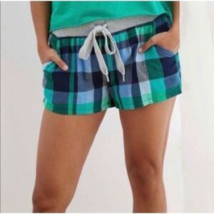 Aerie Pajama Shorts Womens Size S Small‎ Blue Green Plaid Elastic Waist Pockets